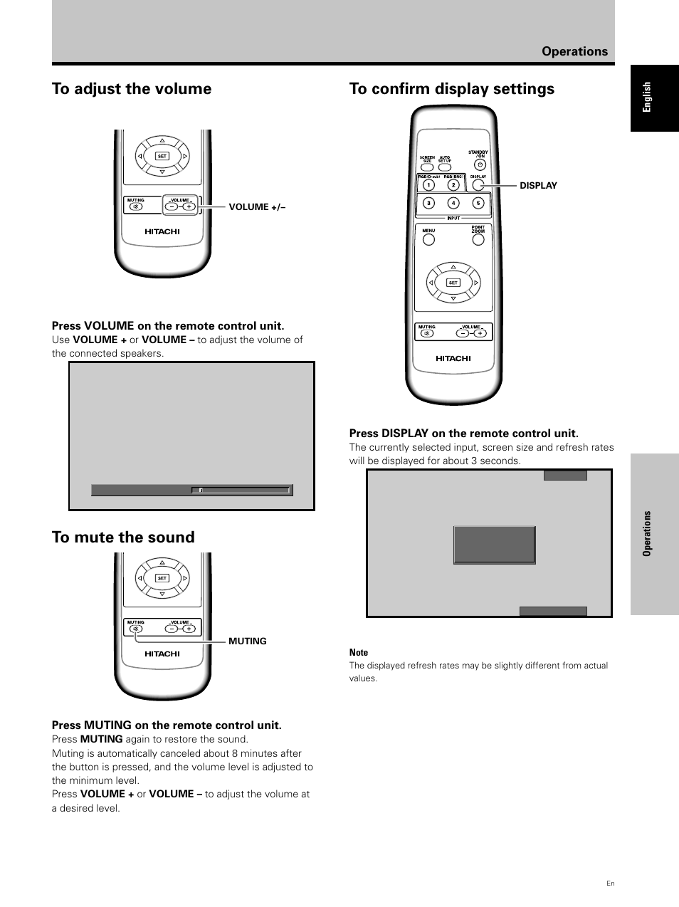 Operations, Press volume on the remote control unit, Press muting on the remote control unit | Press display on the remote control unit | Hitachi CMP5000WXU User Manual | Page 25 / 40