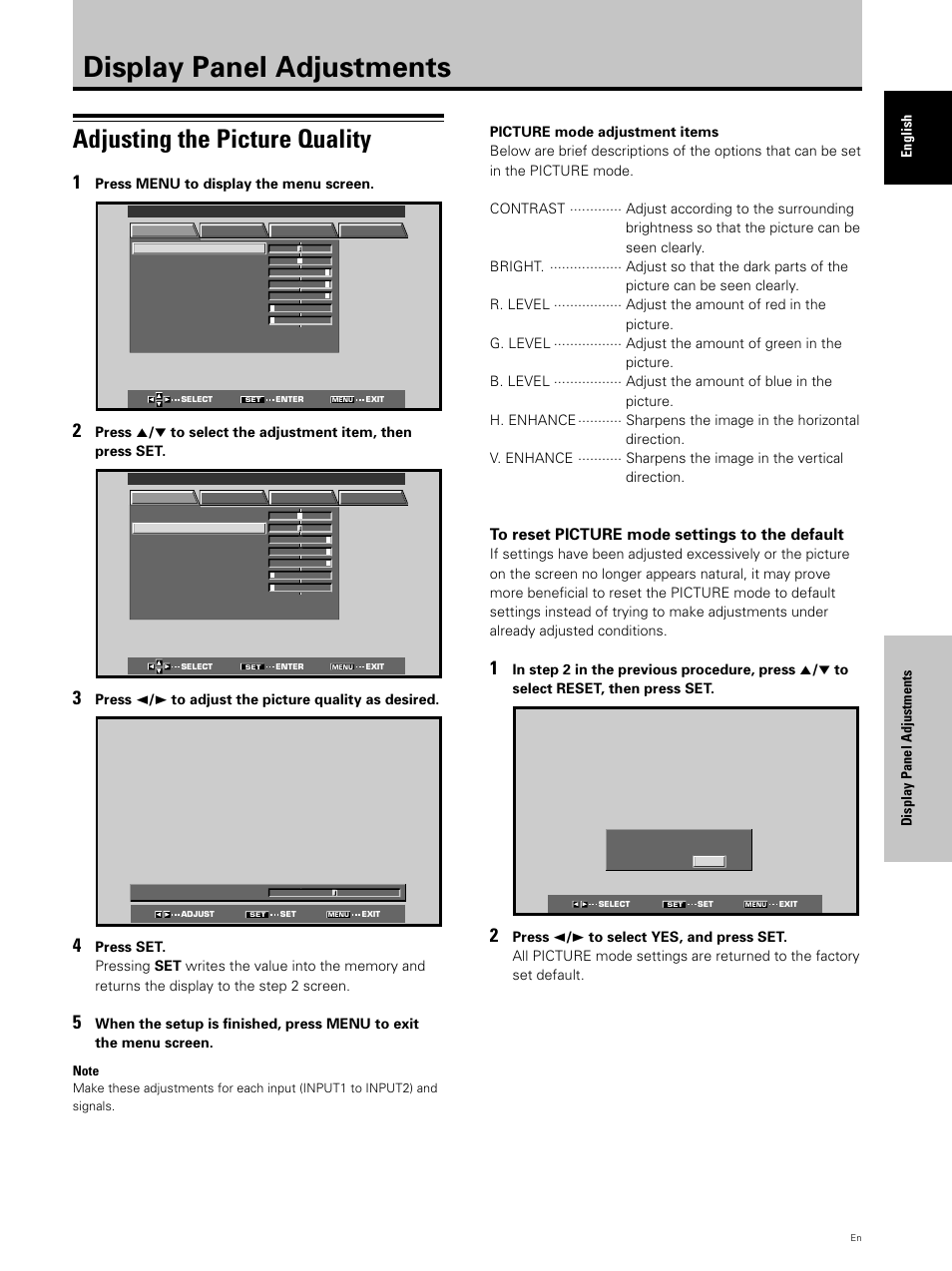 Display panel adjustments, Adjusting the picture quality | Hitachi CMP5000WXU User Manual | Page 29 / 40