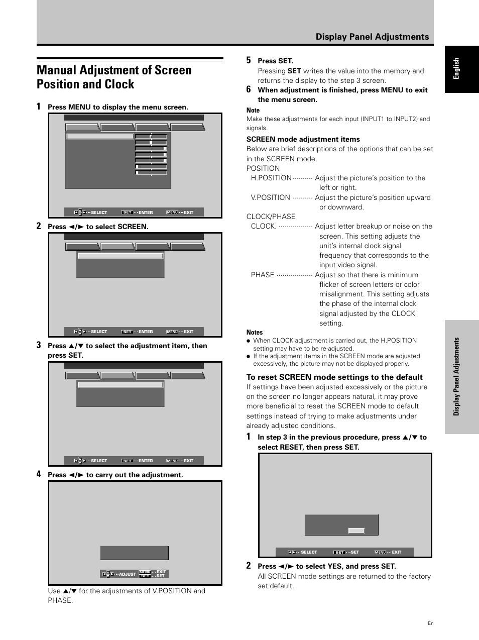 Manual adjustment of screen position and clock, Display panel adjustments | Hitachi CMP5000WXU User Manual | Page 31 / 40