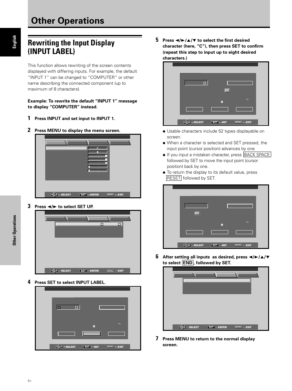 Other operations, Rewriting the input display (input label), Other operations english | Press input and set input to input 1, Press menu to display the menu screen, Press 2 / 3 to select set up, Press set to select input label, Press menu to return to the normal display screen | Hitachi CMP5000WXU User Manual | Page 32 / 40