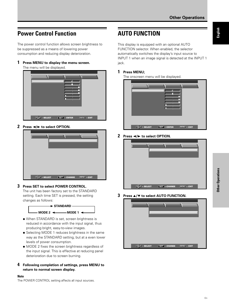 Power control function, Auto function, Other operations | Other operations english, Press 2 / 3 to select option, Press menu; the onscreen menu will be displayed, Press 5 / ∞ to select auto function | Hitachi CMP5000WXU User Manual | Page 33 / 40