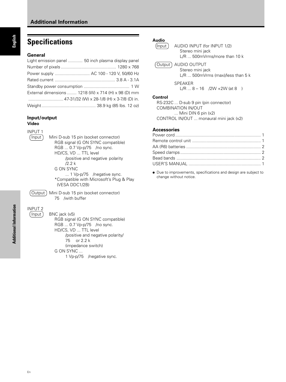Specifications | Hitachi CMP5000WXU User Manual | Page 38 / 40