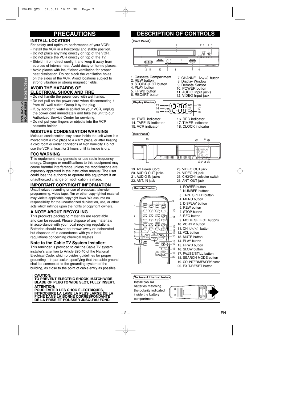 Precautions, Description of controls, Ch3 ch4 | Install location, Avoid the hazards of electrical shock and fire, Moisture condensation warning, Fcc warning, Important copyright information | Hitachi VTFX695A User Manual | Page 2 / 8