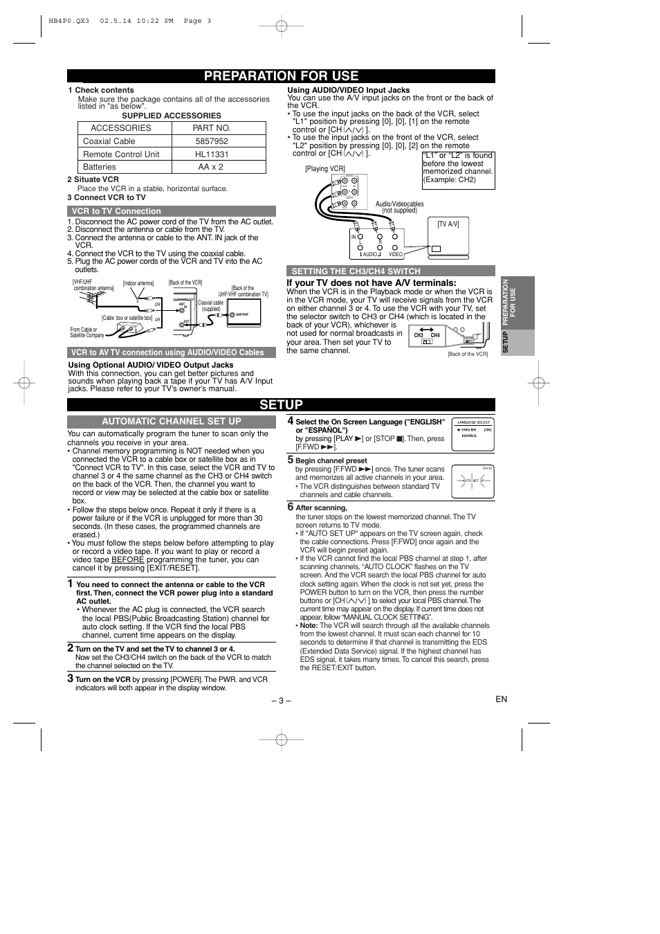 Preparation for use, Setup, If your tv does not have a/v terminals | Automatic channel set up | Hitachi VTFX695A User Manual | Page 3 / 8