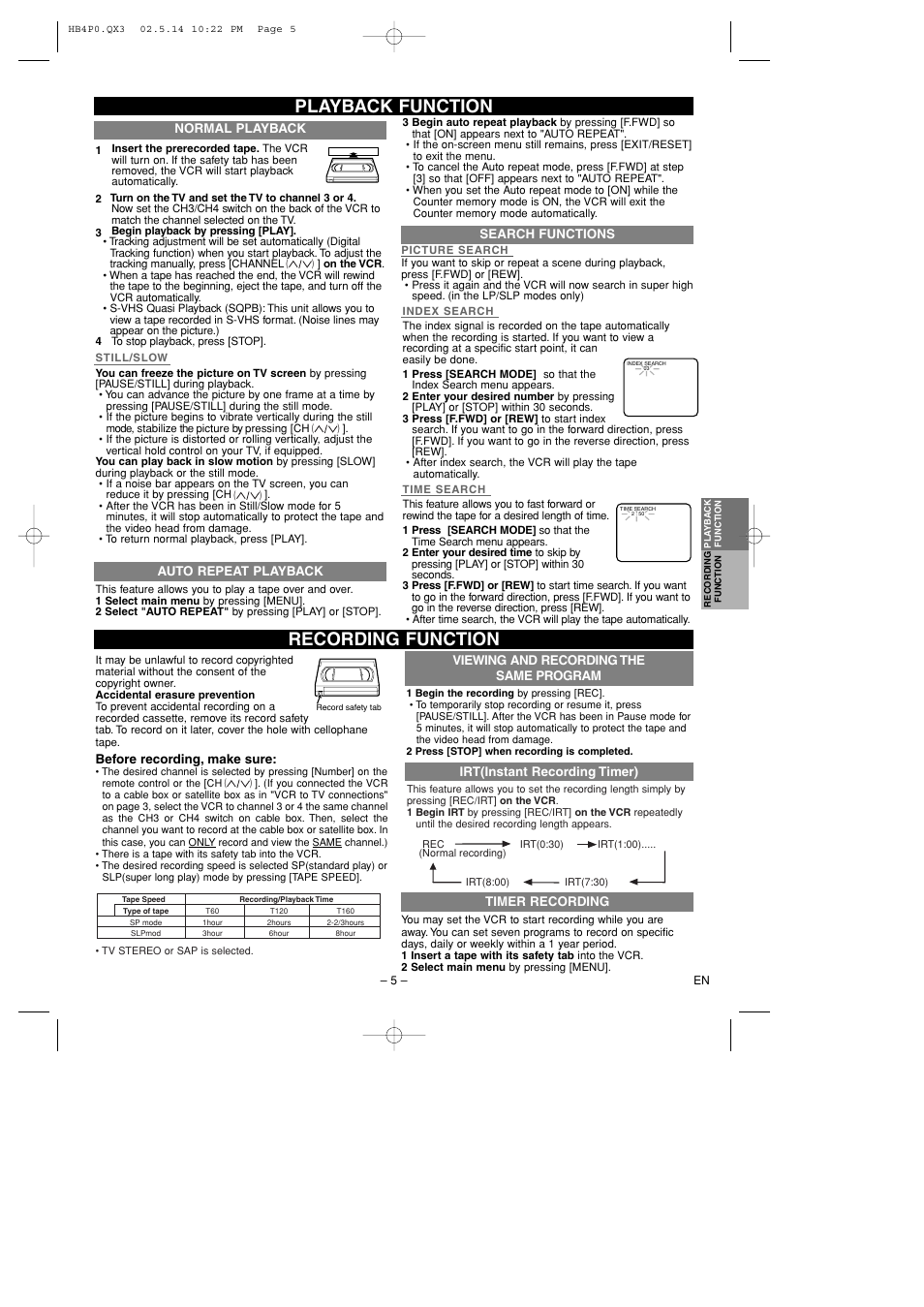 Recording function, Playback function | Hitachi VTFX695A User Manual | Page 5 / 8