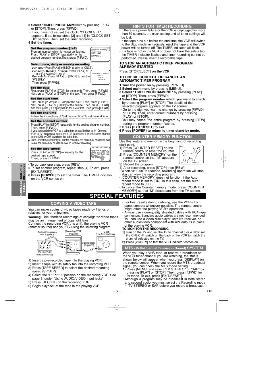 Special features, Copying a video tape, Hints for timer recording mts | System | Hitachi VTFX695A User Manual | Page 6 / 8