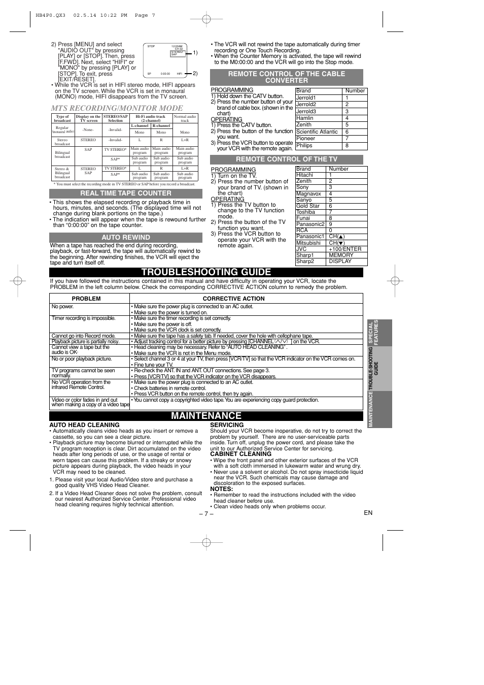 Maintenance, Troubleshooting guide, Mts recording/monitor mode | Remote control of the cable converter, Remote control of the tv, Auto rewind, Real time tape counter | Hitachi VTFX695A User Manual | Page 7 / 8