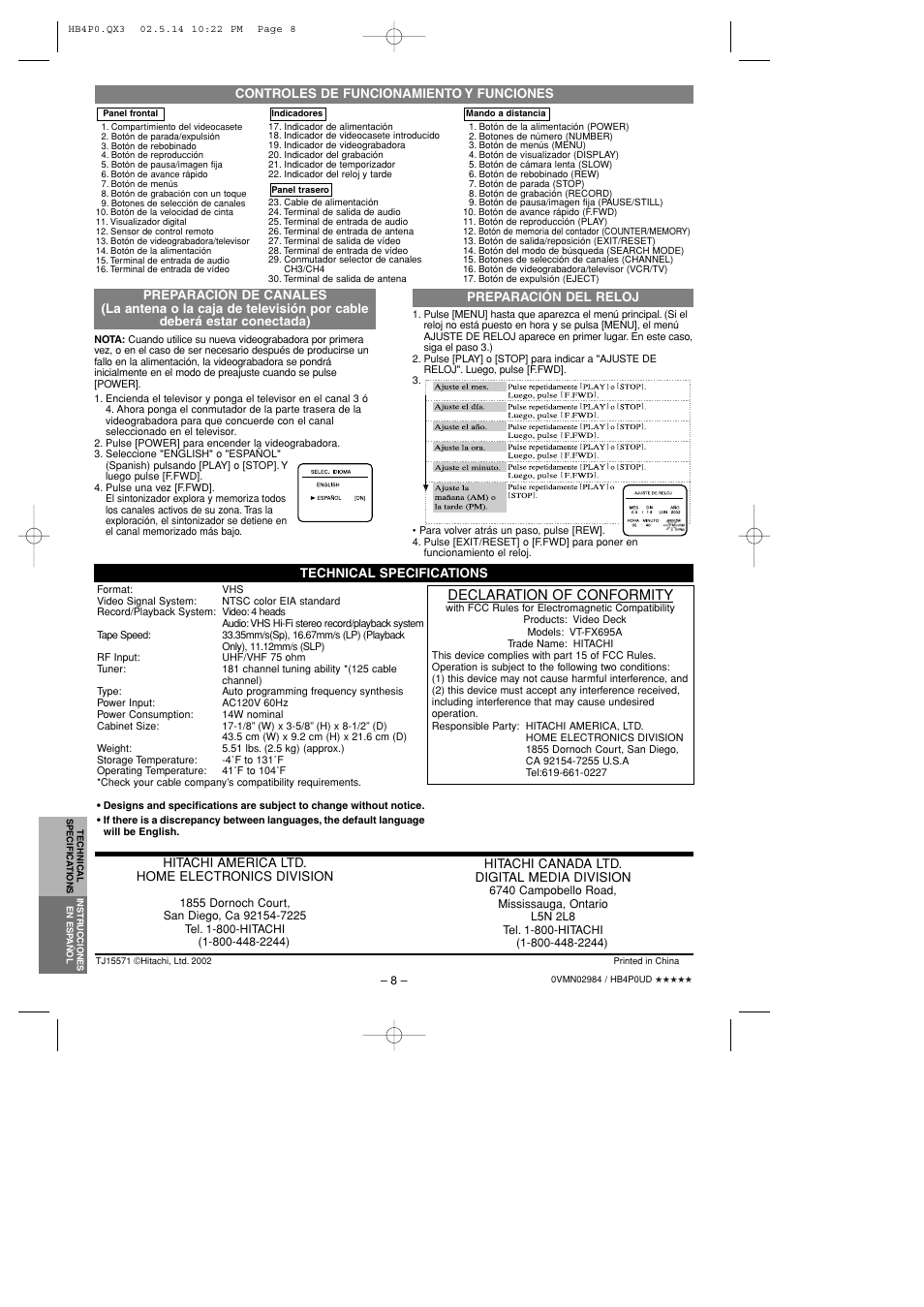 Declaration of conformity, Controles de funcionamiento y funciones, Hitachi canada ltd. digital media division | Hitachi VTFX695A User Manual | Page 8 / 8