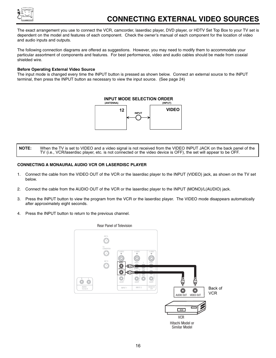 Connecting external video sources, Back of vcr, Hitachi model or similar model | Vcr rear panel of television | Hitachi UltraVision 32UDX10S User Manual | Page 16 / 68