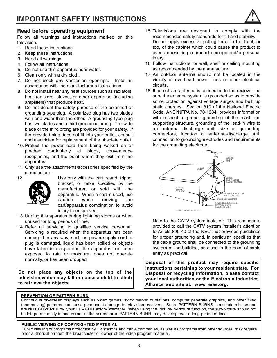 Important safety instructions, Read before operating equipment | Hitachi UltraVision 32UDX10S User Manual | Page 3 / 68