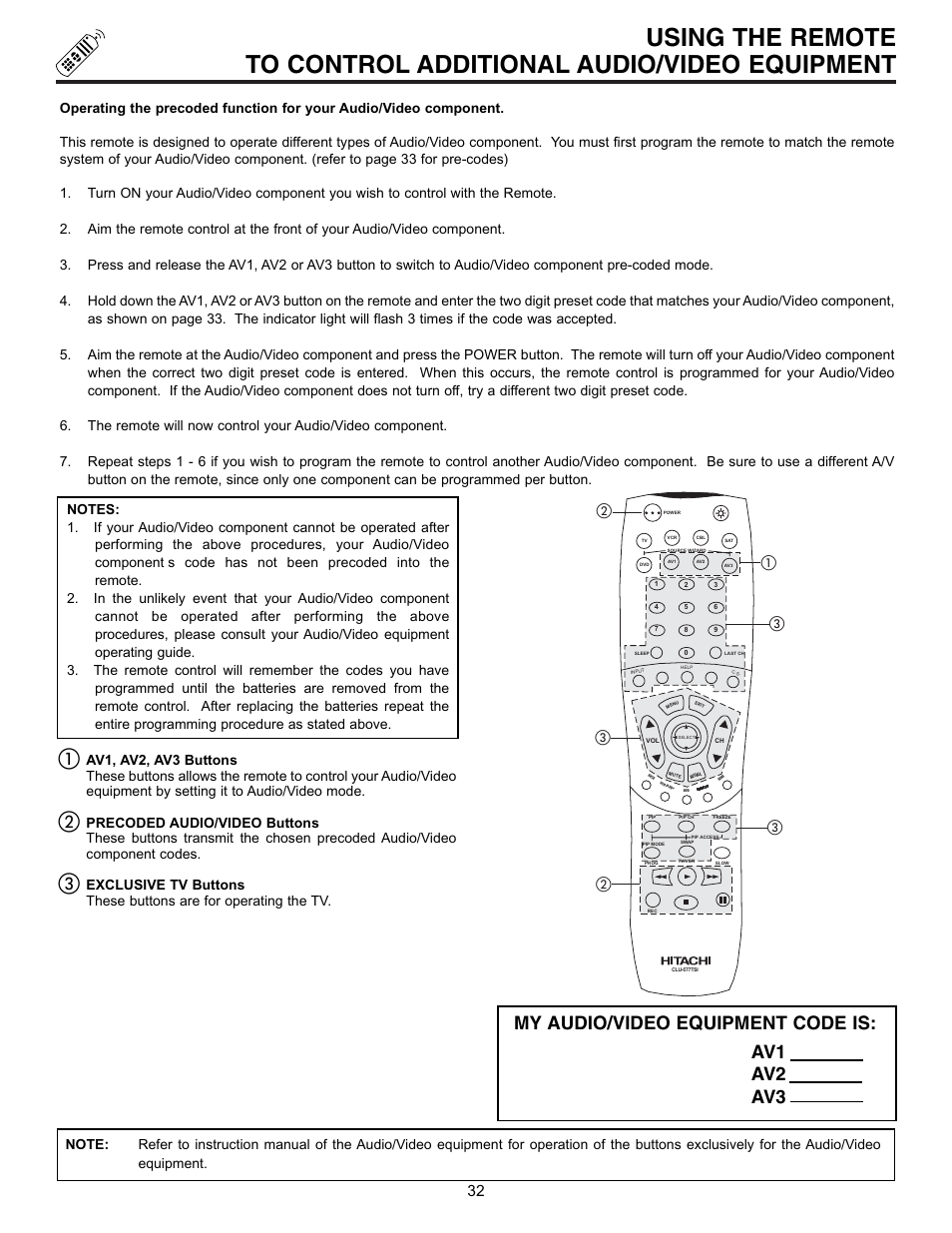 My audio/video equipment code is, Av1 av2 av3 | Hitachi UltraVision 32UDX10S User Manual | Page 32 / 68
