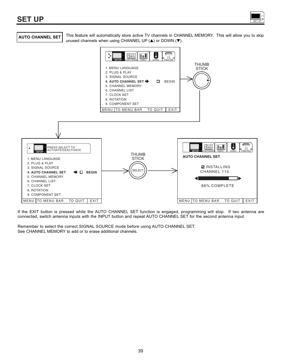 Set up, Thumb stick thumb stick | Hitachi UltraVision 32UDX10S User Manual | Page 39 / 68