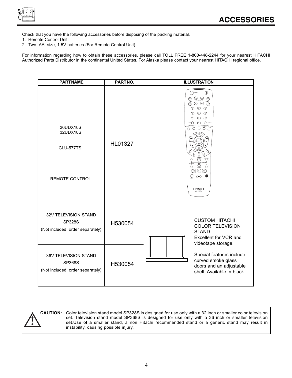 Accessories | Hitachi UltraVision 32UDX10S User Manual | Page 4 / 68