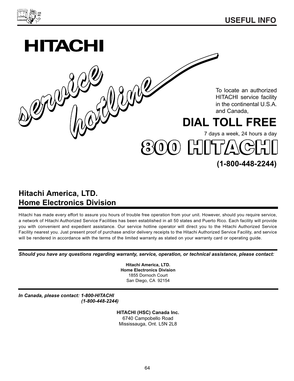 Service ser vic e, 800 hitachi | Hitachi UltraVision 32UDX10S User Manual | Page 64 / 68