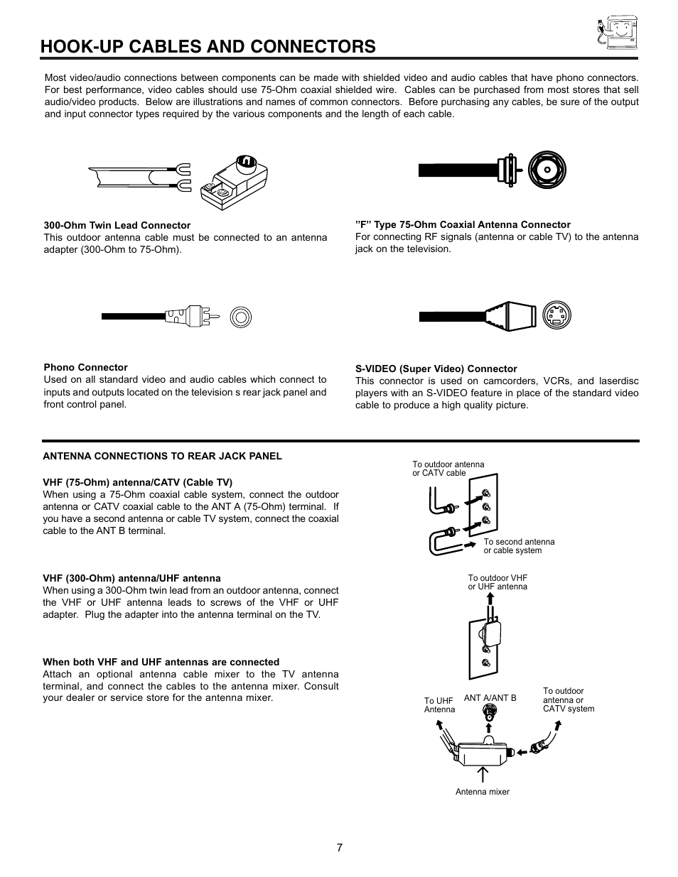 Hook-up cables and connectors | Hitachi UltraVision 32UDX10S User Manual | Page 7 / 68