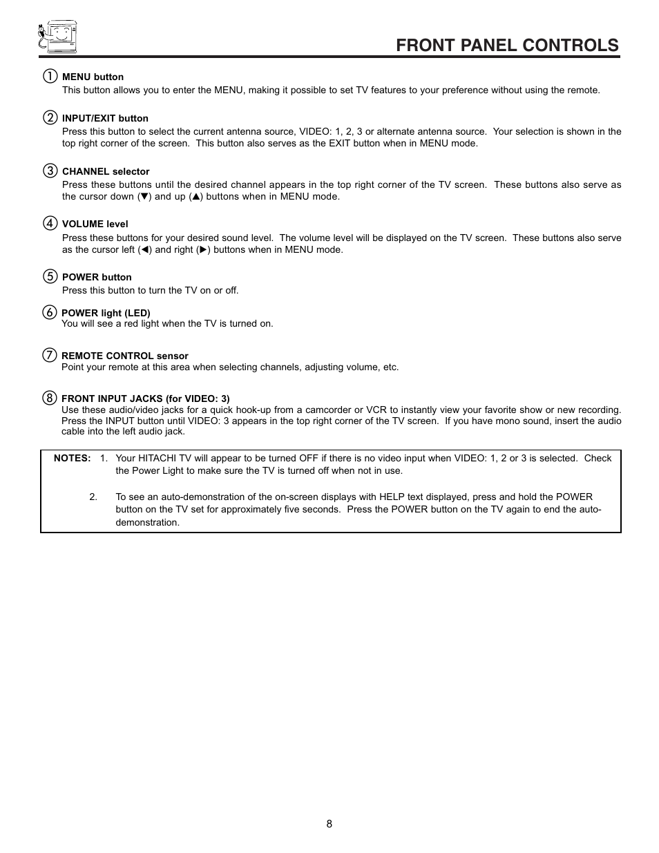 Front panel controls | Hitachi UltraVision 32UDX10S User Manual | Page 8 / 68