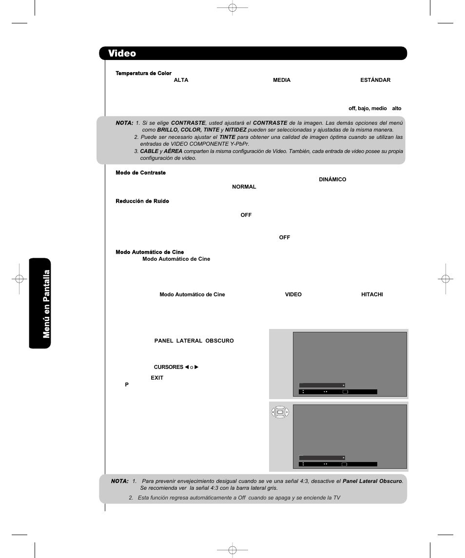 Video, Menú en pantalla | Hitachi P50T501 User Manual | Page 115 / 159