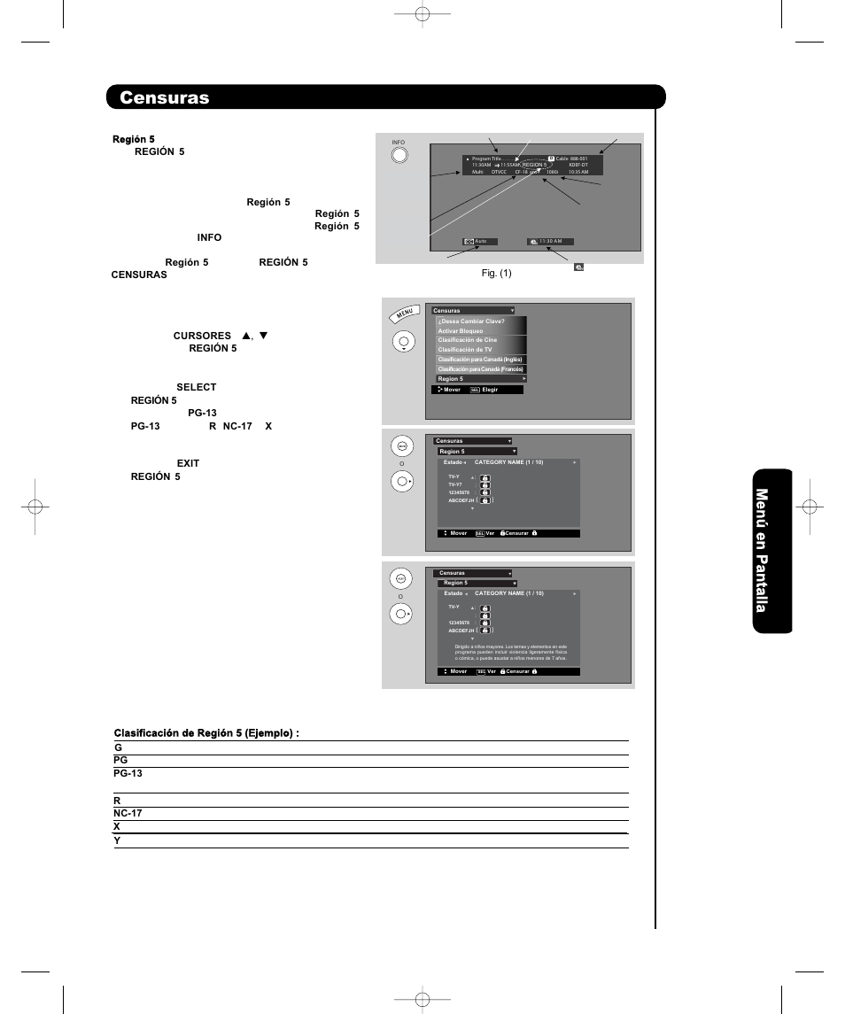 Censuras, Menú en pantalla | Hitachi P50T501 User Manual | Page 126 / 159