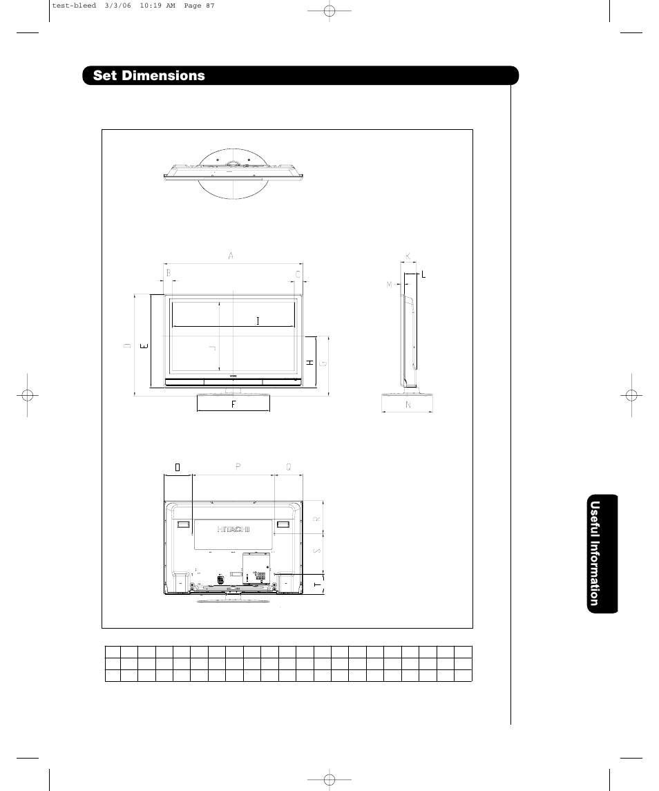 Set dimensions, Us e fu l in fo rm a ti o n | Hitachi P50T501 User Manual | Page 68 / 159