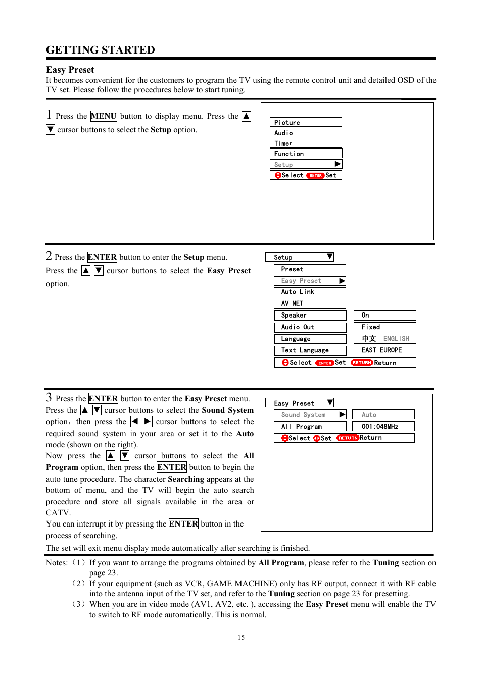 Getting started, Easy preset | Hitachi C47-WD8000 User Manual | Page 15 / 68