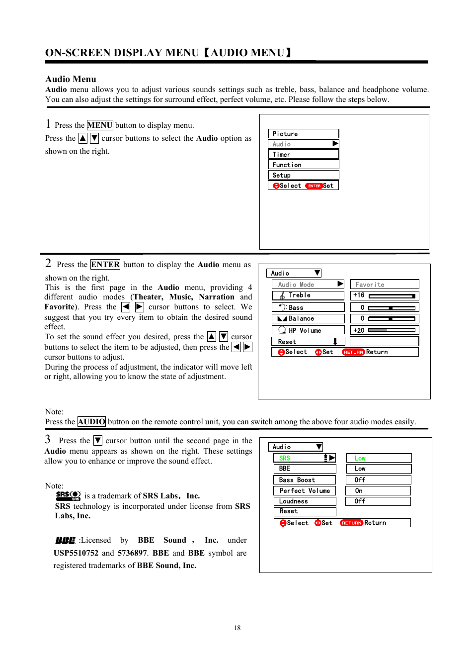 On-screen display menu ǐ audio menu ǐ, Audio menu | Hitachi C47-WD8000 User Manual | Page 18 / 68