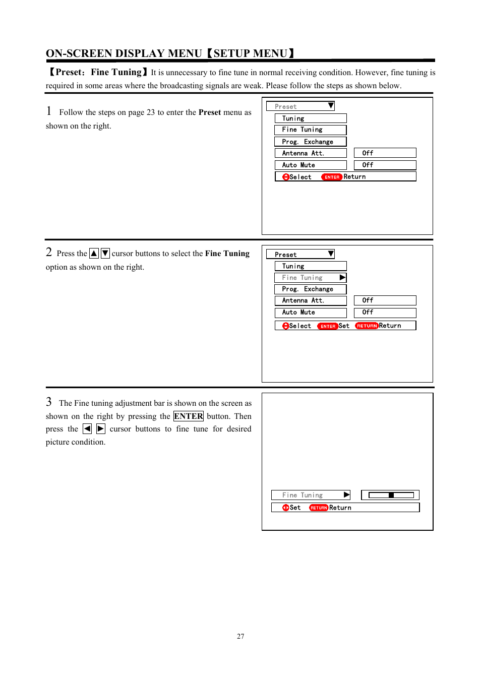 On-screen display menu ǐ setup menu ǐ, Ǐ preset ˖ fine tuning ǐ | Hitachi C47-WD8000 User Manual | Page 27 / 68