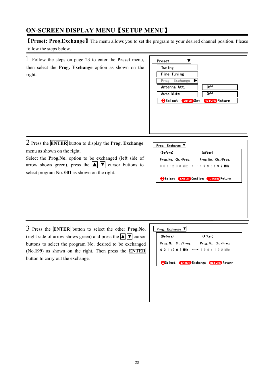 On-screen display menu ǐ setup menu ǐ, Ǐ preset: prog.exchange ǐ | Hitachi C47-WD8000 User Manual | Page 28 / 68