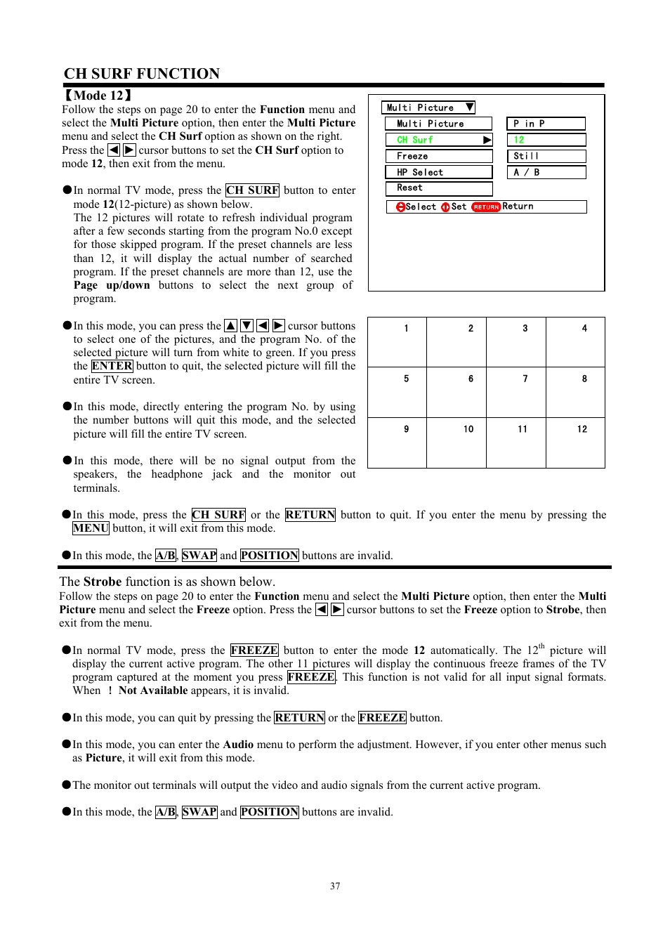 Ch surf function, Ǐ mode 12 ǐ, The strobe function is as shown below | Hitachi C47-WD8000 User Manual | Page 37 / 68