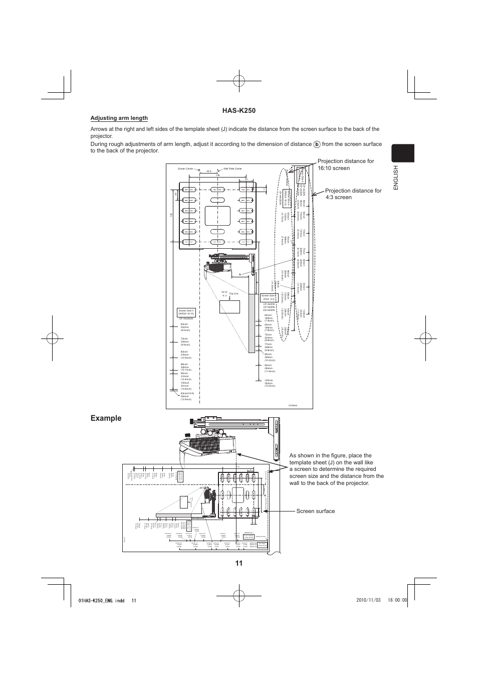 Example, Has-k250, English | Screen surface | Hitachi HAS-K250 User Manual | Page 11 / 22