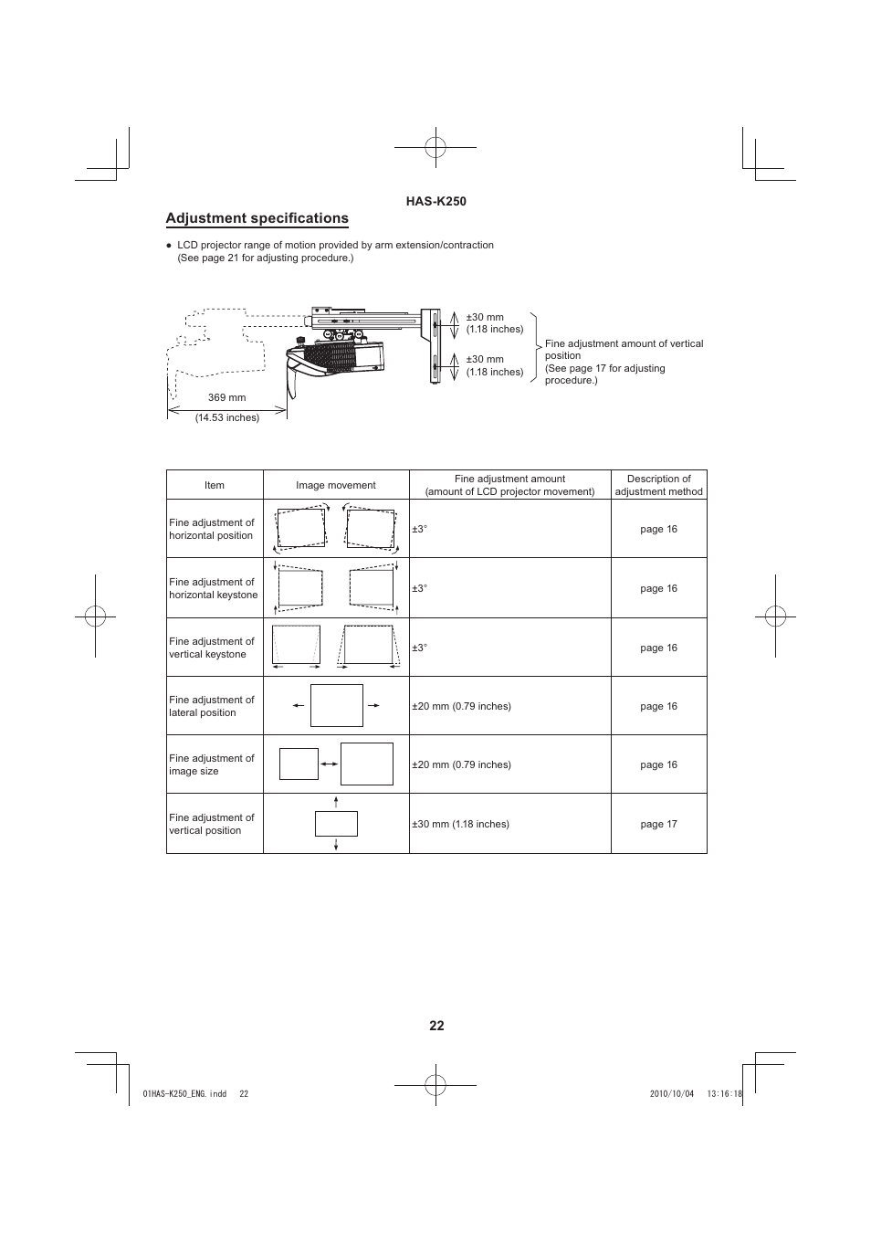 Adjustment speciﬁcations | Hitachi HAS-K250 User Manual | Page 22 / 22