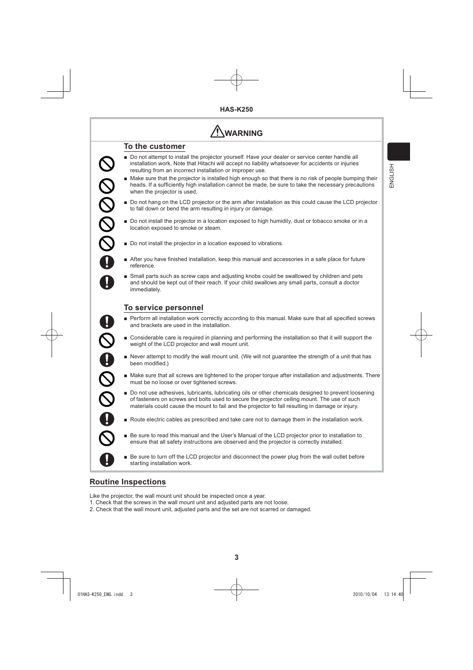 Warning to the customer, Routine inspections | Hitachi HAS-K250 User Manual | Page 3 / 22