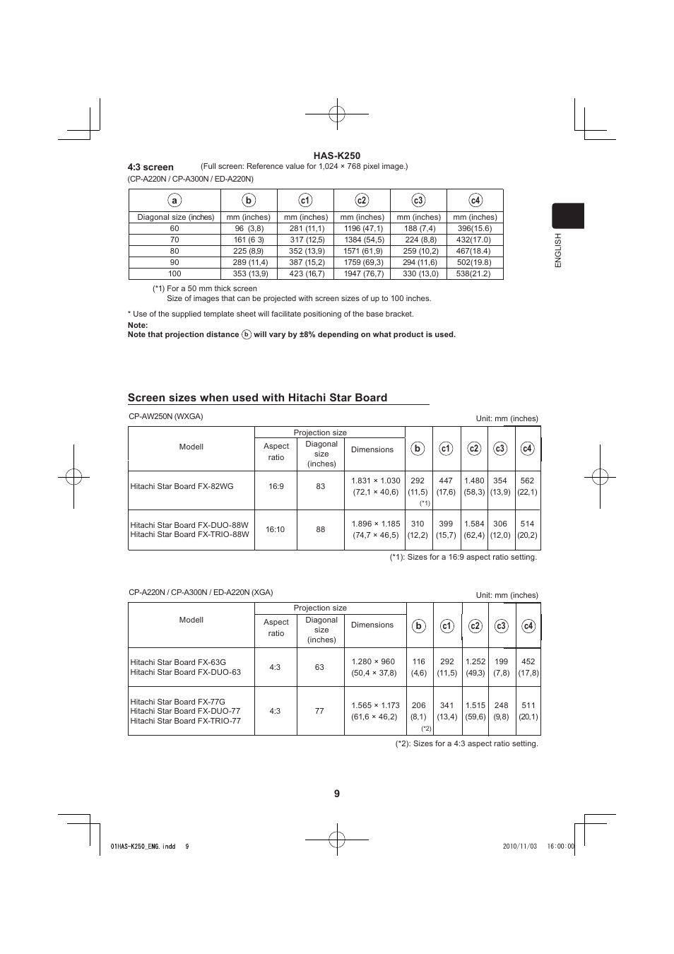 Screen sizes when used with hitachi star board | Hitachi HAS-K250 User Manual | Page 9 / 22