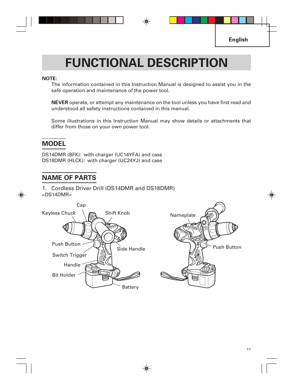 Functional description, Model, Name of parts | Hitachi DS 14DMR User Manual | Page 11 / 88