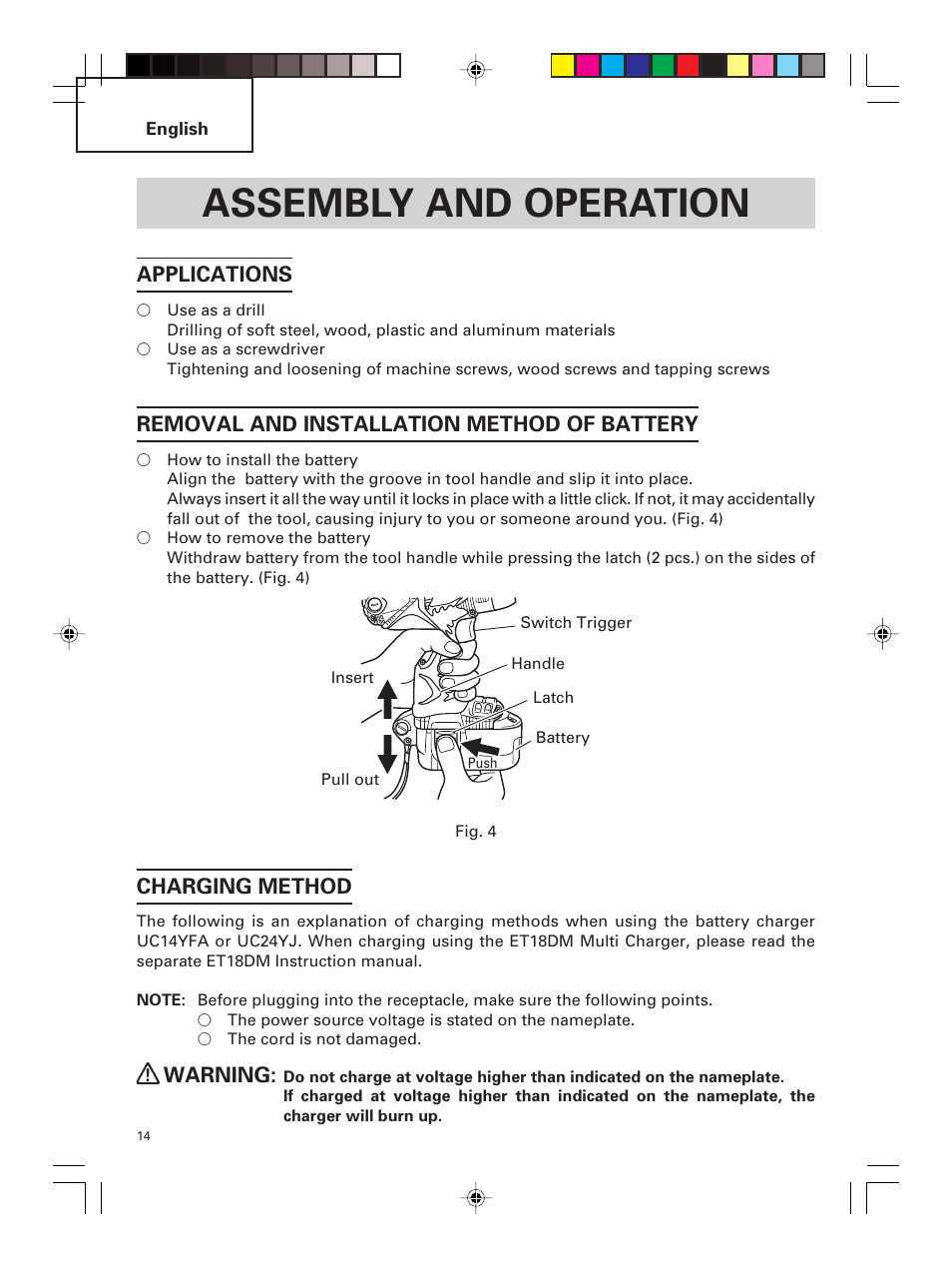 Assembly and operation, Applications, Removal and installation method of battery | Charging method, Warning | Hitachi DS 14DMR User Manual | Page 14 / 88