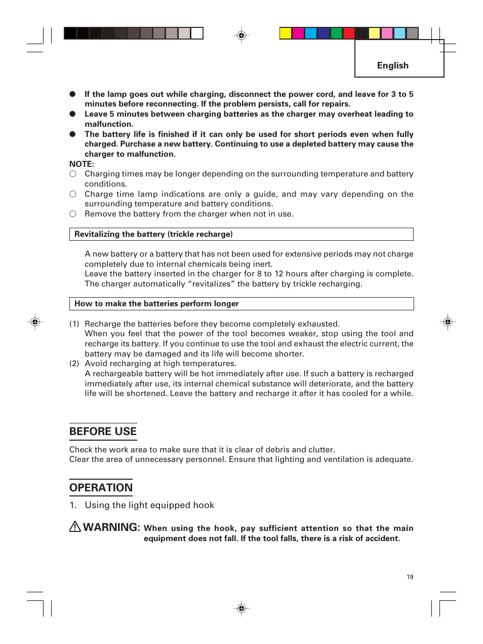 Before use, Operation, Warning | Hitachi DS 14DMR User Manual | Page 19 / 88