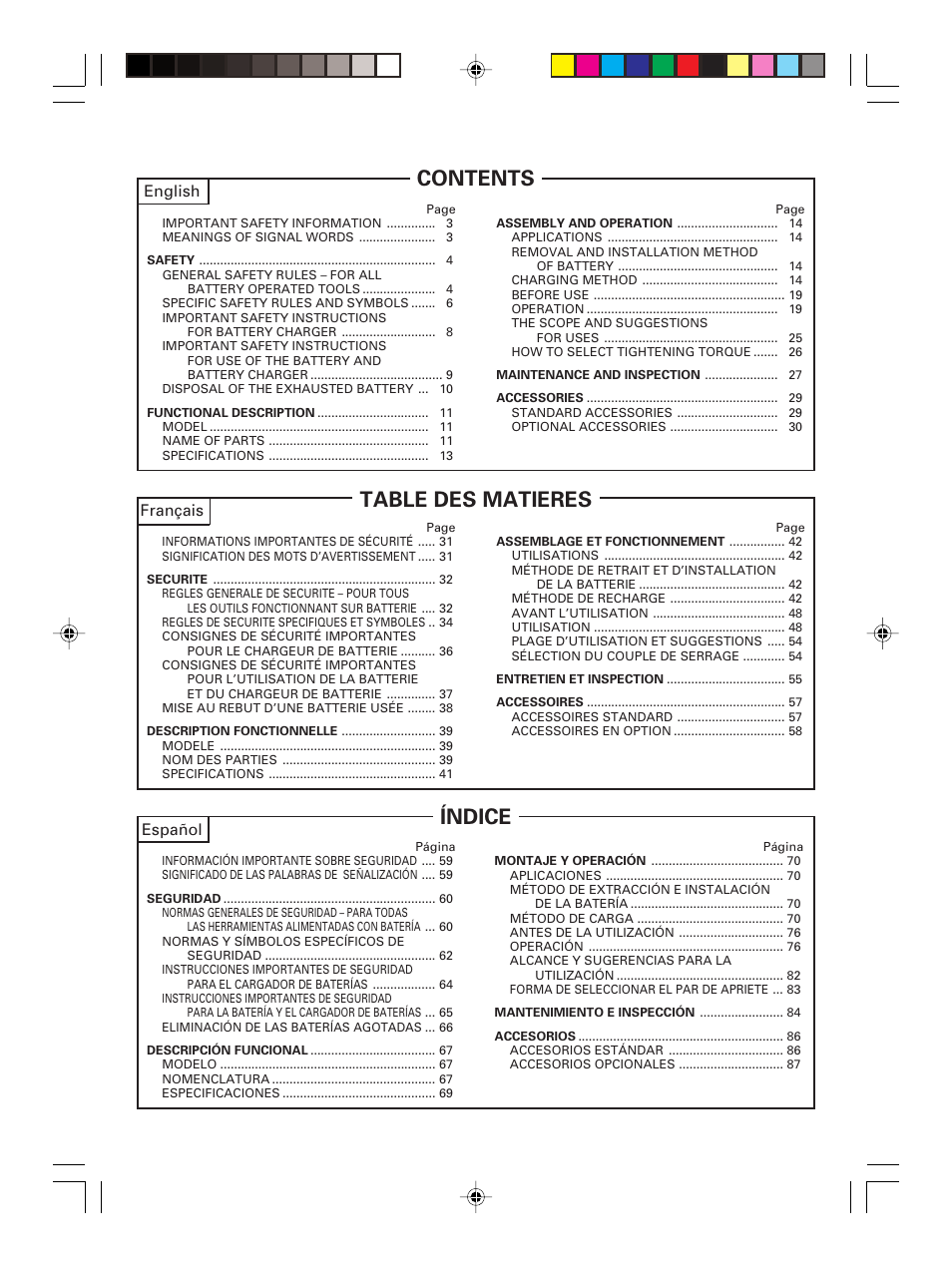 Table des matieres, Contents índice, Français | Español, English | Hitachi DS 14DMR User Manual | Page 2 / 88