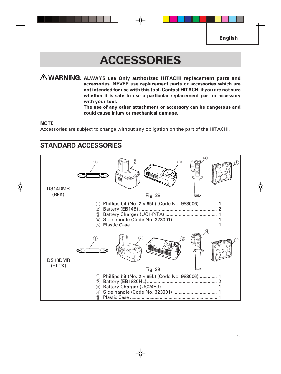 Accessories, Warning, Standard accessories | Hitachi DS 14DMR User Manual | Page 29 / 88