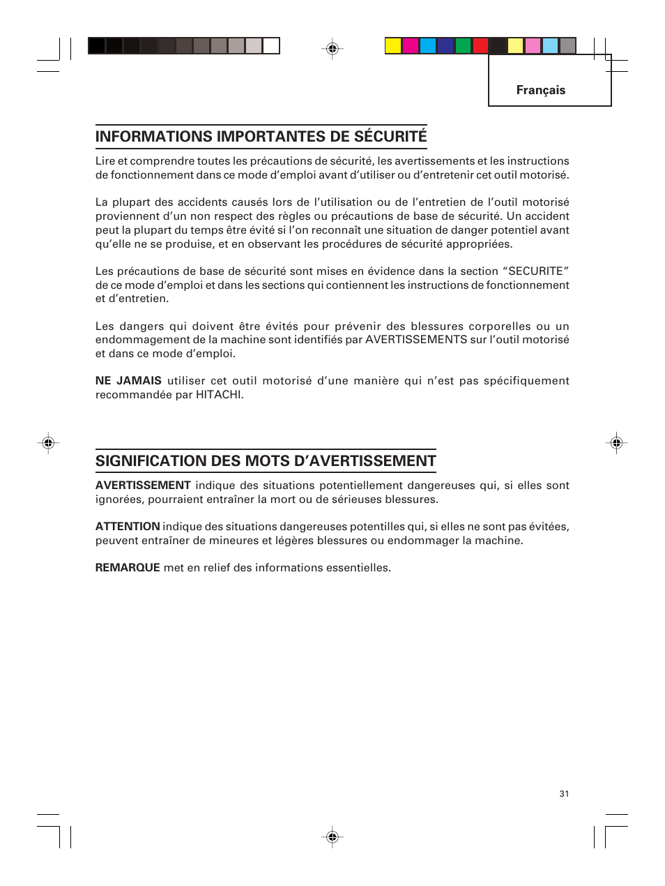 Informations importantes de sécurité, Signification des mots d’avertissement | Hitachi DS 14DMR User Manual | Page 31 / 88