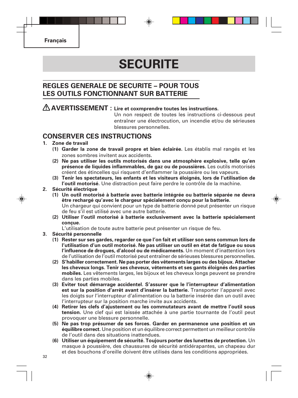 Securite, Conserver ces instructions | Hitachi DS 14DMR User Manual | Page 32 / 88