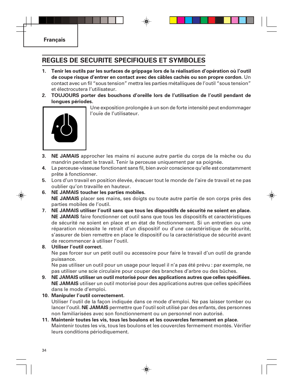 Regles de securite specifiques et symboles | Hitachi DS 14DMR User Manual | Page 34 / 88