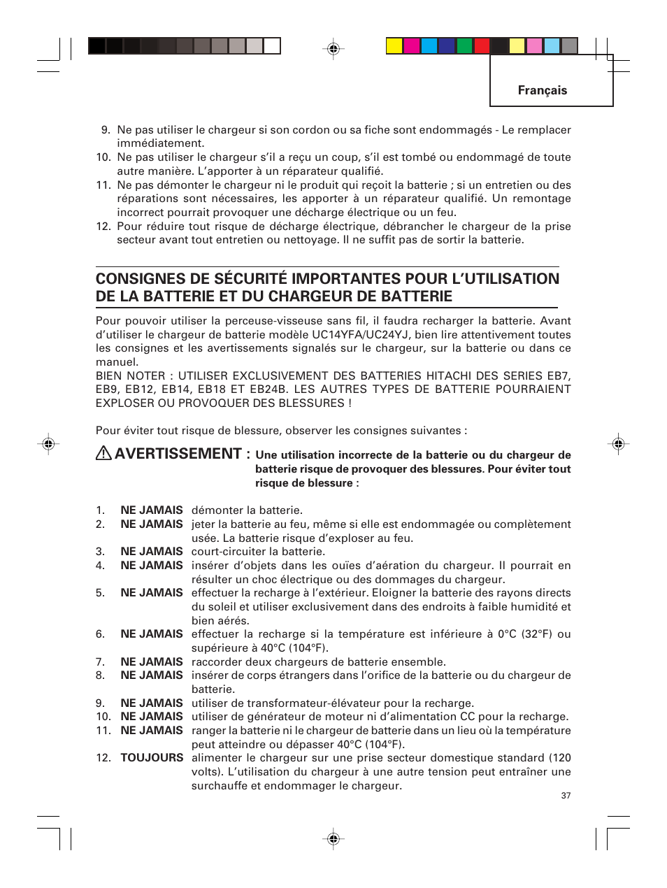 Avertissement | Hitachi DS 14DMR User Manual | Page 37 / 88