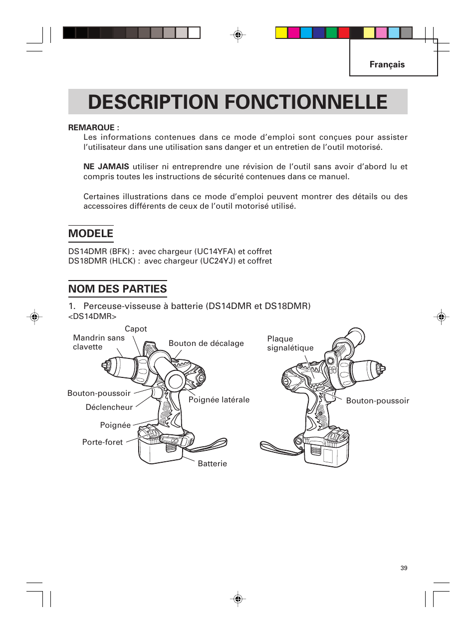 Description fonctionnelle, Modele, Nom des parties | Hitachi DS 14DMR User Manual | Page 39 / 88