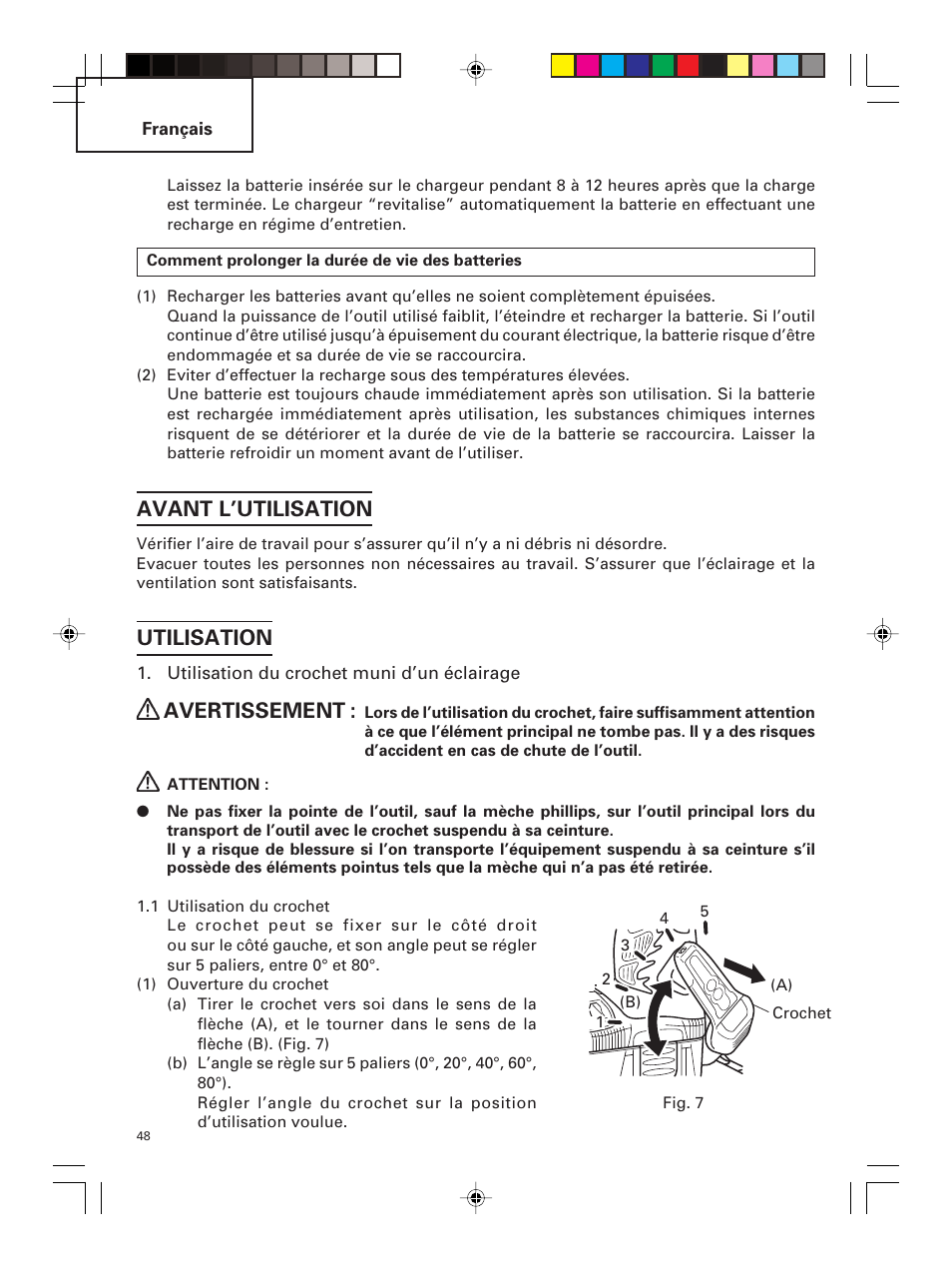 Avant l’utilisation, Utilisation, Avertissement | Hitachi DS 14DMR User Manual | Page 48 / 88
