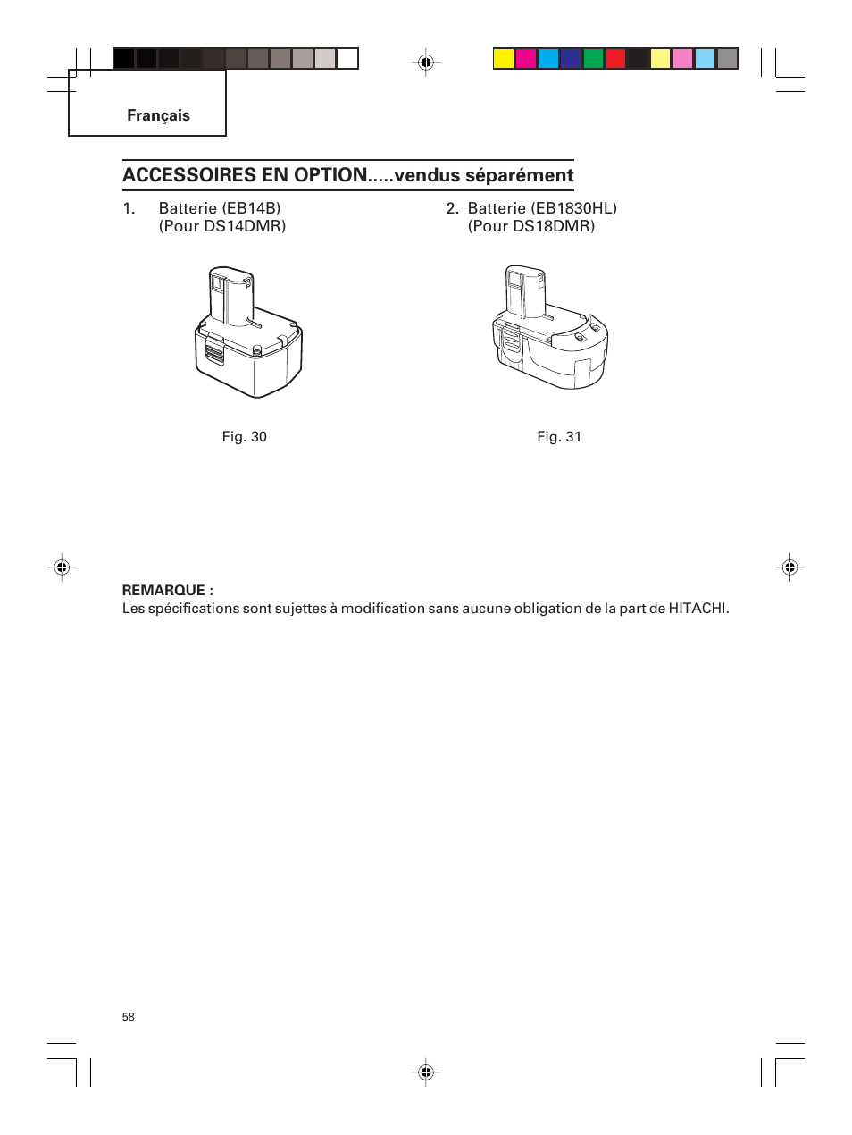 Accessoires en option.....vendus séparément | Hitachi DS 14DMR User Manual | Page 58 / 88