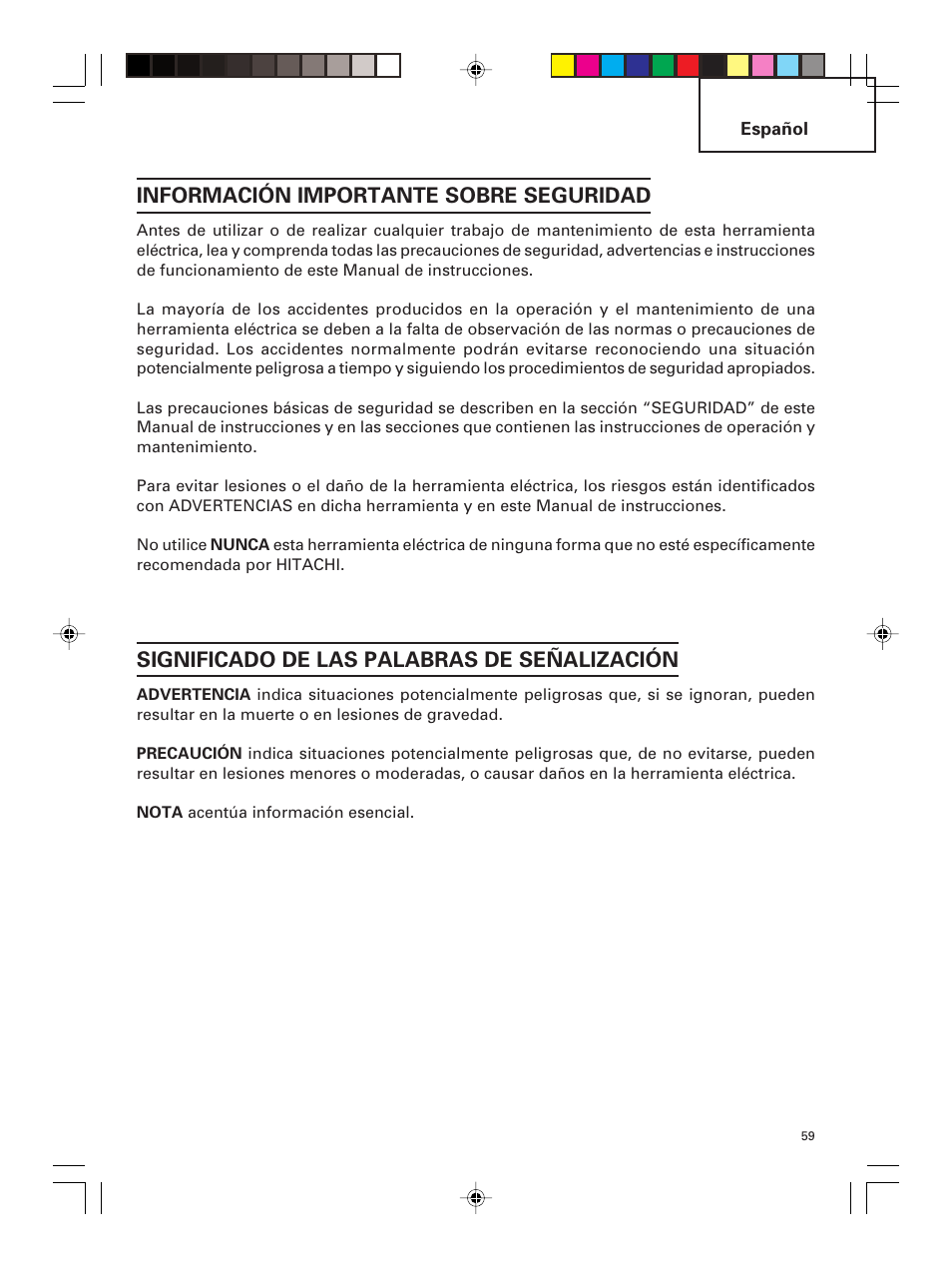 Información importante sobre seguridad, Significado de las palabras de señalización | Hitachi DS 14DMR User Manual | Page 59 / 88