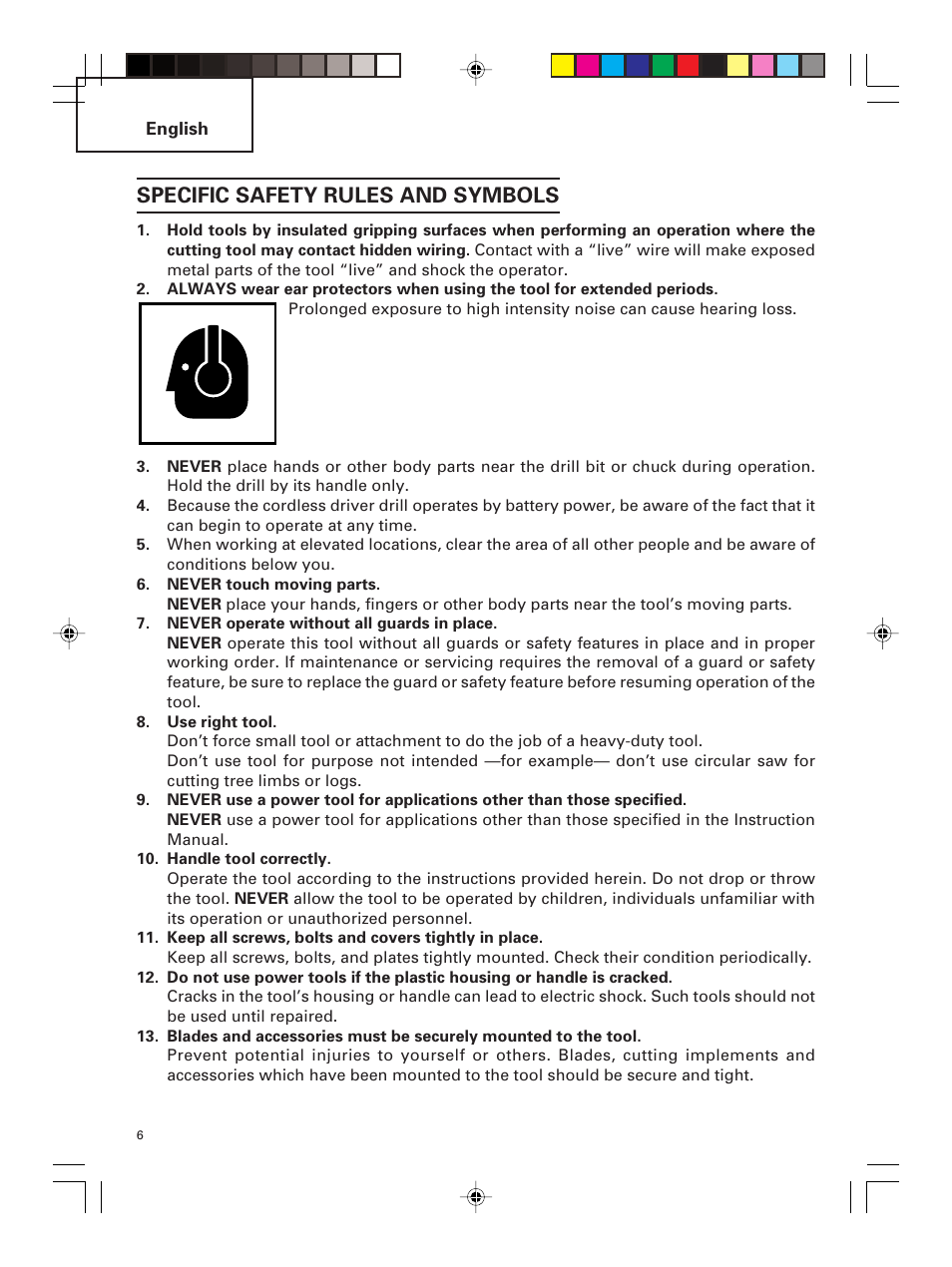 Specific safety rules and symbols | Hitachi DS 14DMR User Manual | Page 6 / 88
