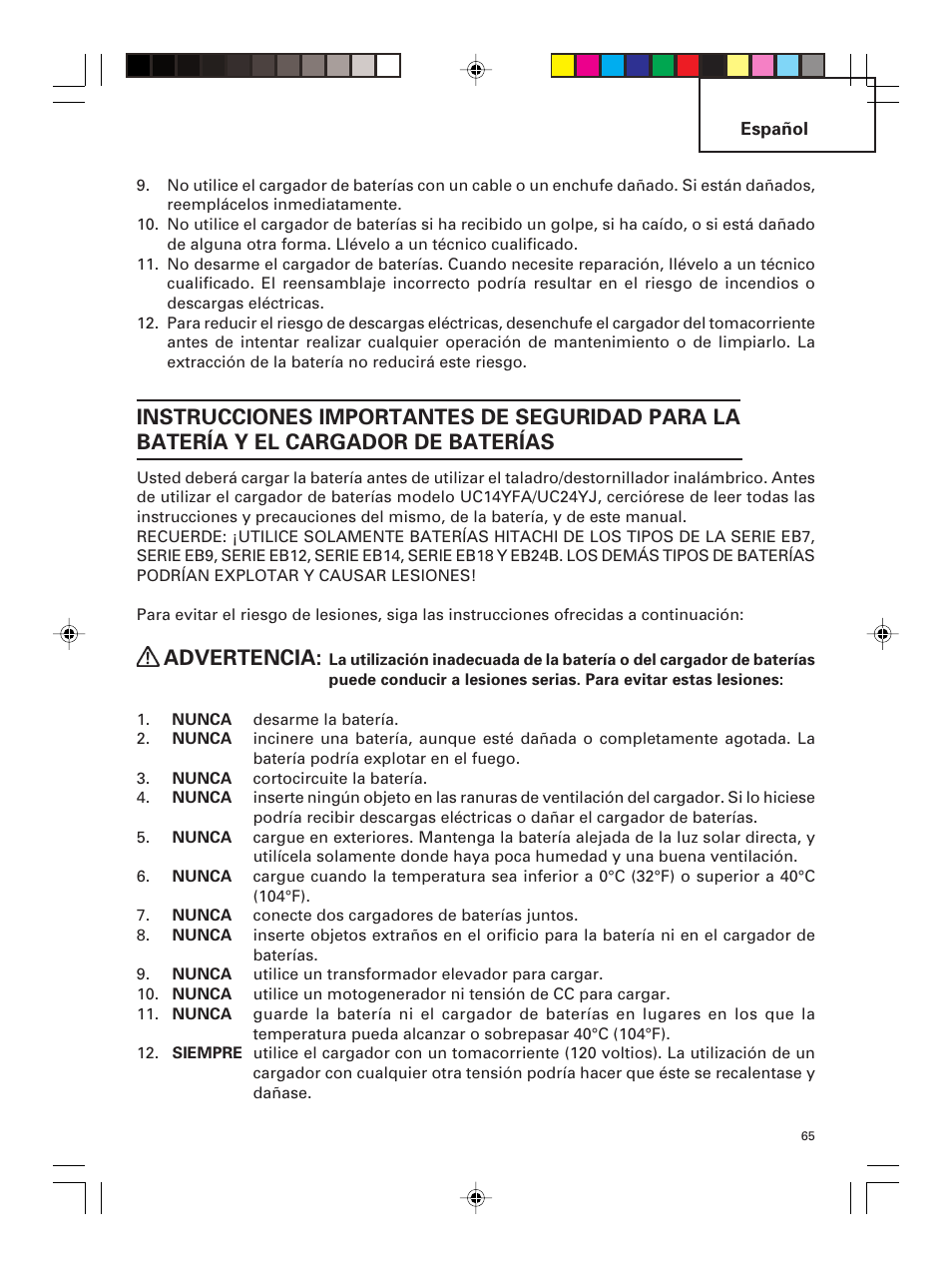 Advertencia | Hitachi DS 14DMR User Manual | Page 65 / 88