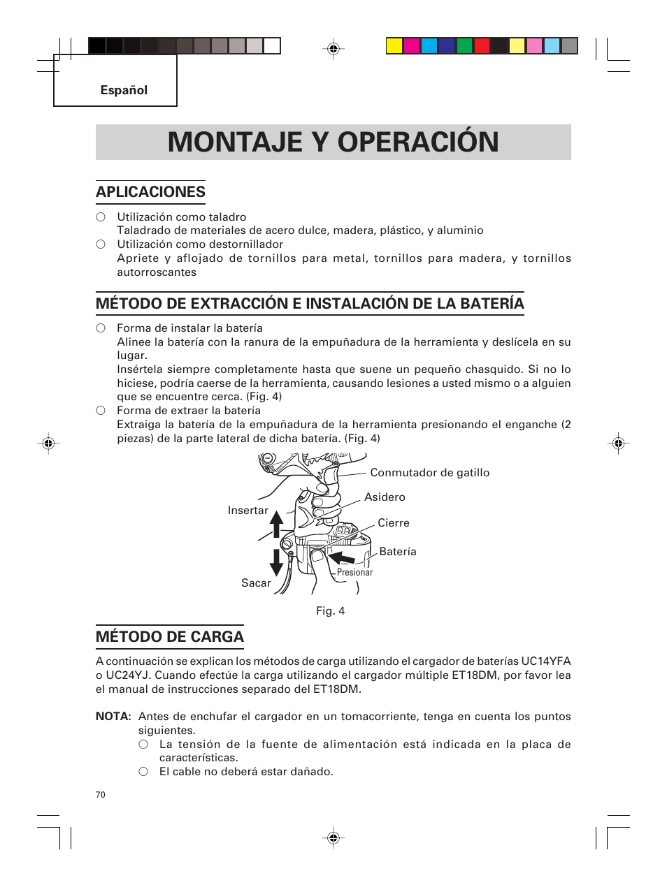 Montaje y operación, Aplicaciones, Método de extracción e instalación de la batería | Método de carga | Hitachi DS 14DMR User Manual | Page 70 / 88