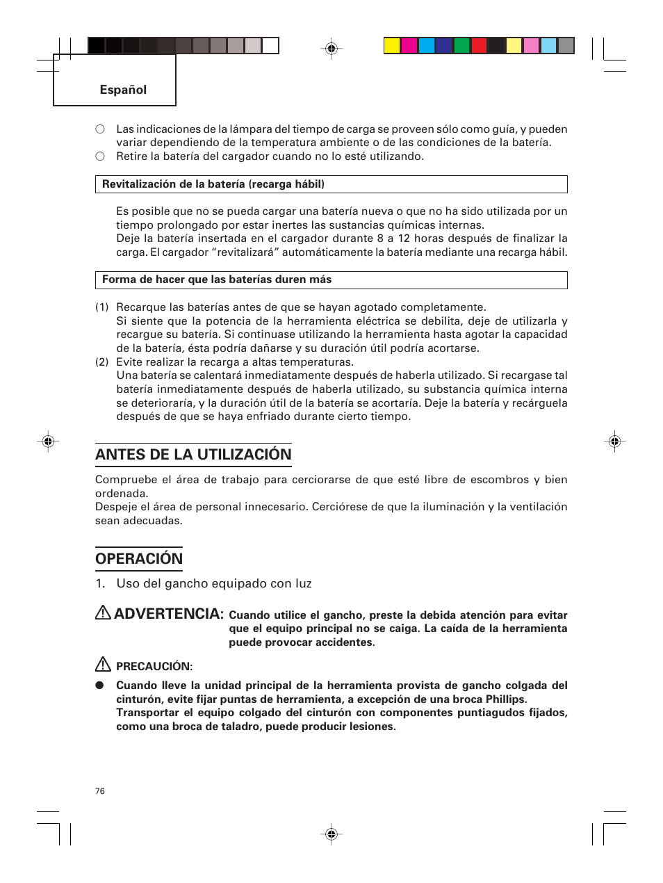 Antes de la utilización, Operación, Advertencia | Hitachi DS 14DMR User Manual | Page 76 / 88