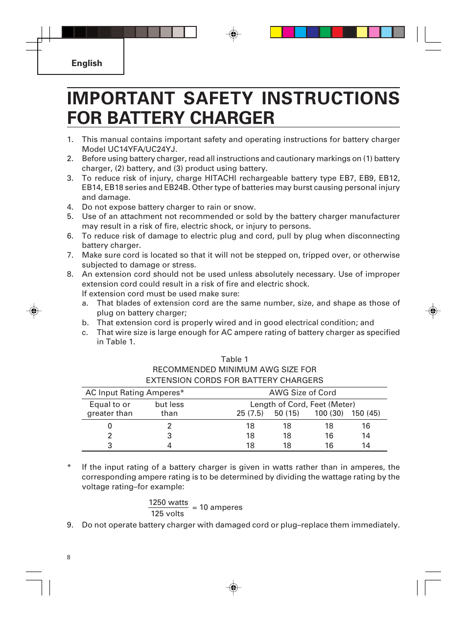 Important safety instructions for battery charger | Hitachi DS 14DMR User Manual | Page 8 / 88
